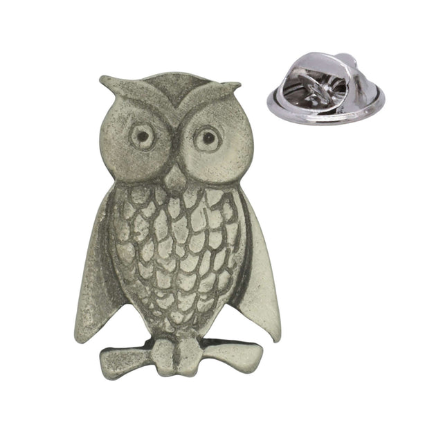 Owl perched on branch pewter lapel pin badge with butterfly clutch fastening