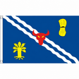 Oxfordshire old county flag with red ox head, yellow tree and wheat and two white wavy stripes on blue, 5ft x 3ft