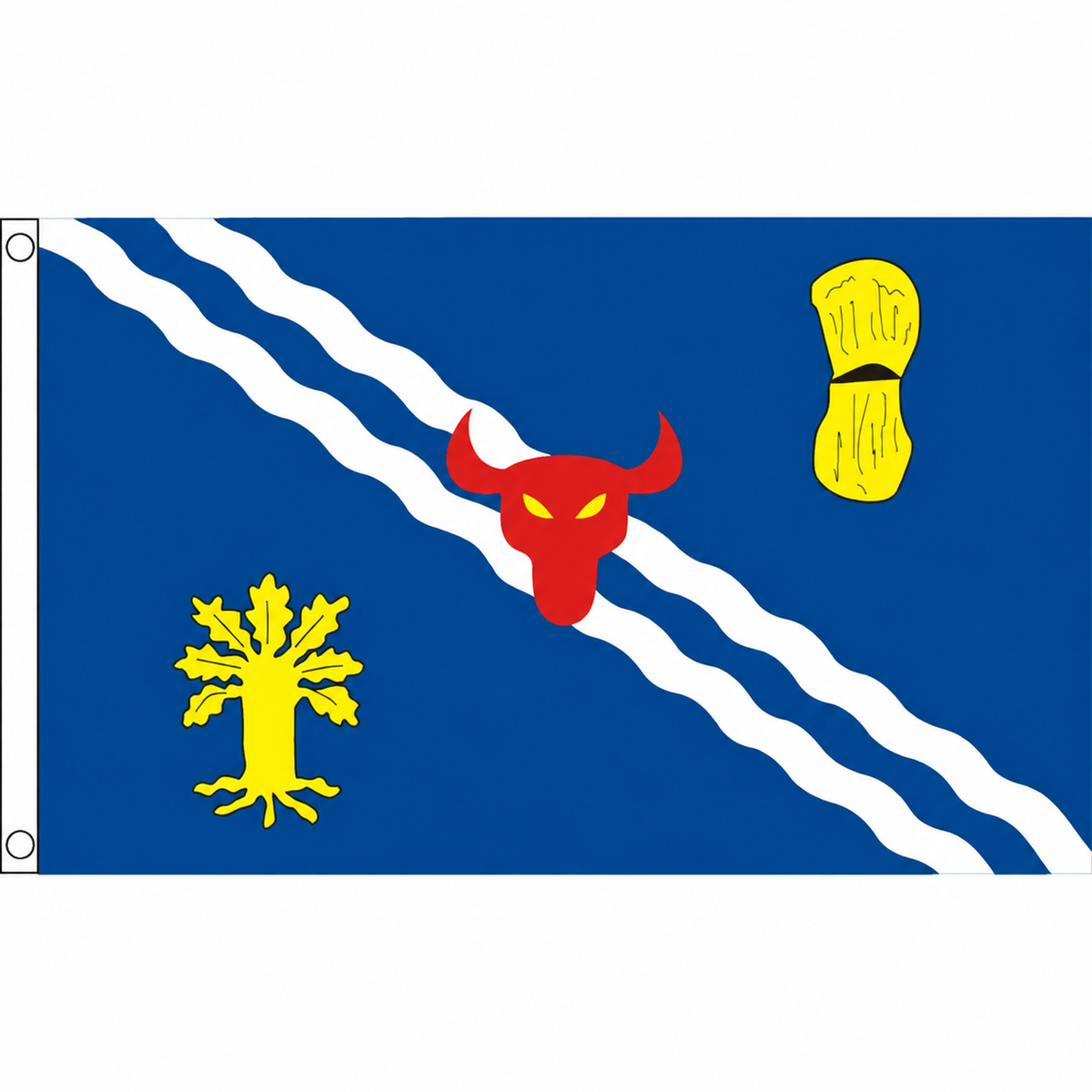 Oxfordshire old county flag with red ox head, yellow tree and wheat and two white wavy stripes on blue, 5ft x 3ft