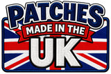Patches Made in the UK wording over a Union Jack in an embroidered style