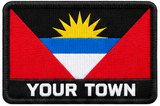 Personalised Antigua and Barbuda embroidered flag patch with example YOUR TOWN text