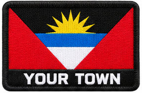 Personalised Antigua and Barbuda embroidered flag patch with example YOUR TOWN text