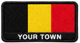 Personalised Belgium embroidered flag patch with example YOUR TOWN text