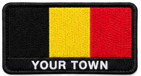 Personalised Belgium embroidered flag patch with example YOUR TOWN text