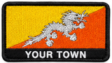 Personalised Bhutan embroidered flag patch with example YOUR TOWN text