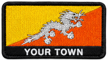 Personalised Bhutan embroidered flag patch with example YOUR TOWN text