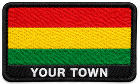 Personalised Bolivia embroidered flag patch with example YOUR TOWN text