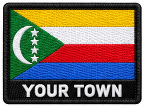 Personalised Comoros embroidered flag patch with example YOUR TOWN text