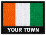 Personalised Côte d’Ivoire embroidered flag patch with example YOUR TOWN text