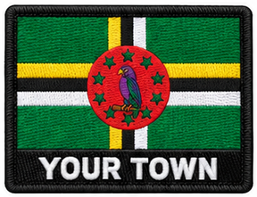 Personalised Dominica embroidered flag patch with example YOUR TOWN text