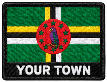 Personalised Dominica embroidered flag patch with example YOUR TOWN text