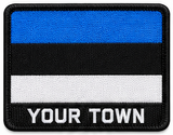 Personalised Estonia embroidered flag patch with example YOUR TOWN text
