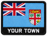 Personalised Fiji embroidered flag patch with example YOUR TOWN text