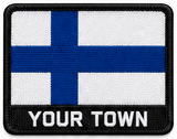 Personalised Finland embroidered flag patch with example YOUR TOWN text