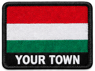 Personalised Hungary embroidered flag patch with example YOUR TOWN text