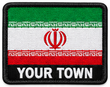 Personalised Iran embroidered flag patch with example YOUR TOWN text