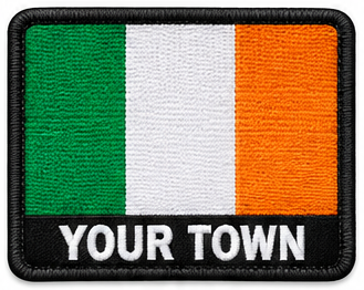 Personalised Ireland embroidered flag patch with example YOUR TOWN text