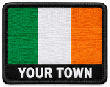 Personalised Ireland embroidered flag patch with example YOUR TOWN text