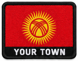 Personalised Kyrgyzstan embroidered flag patch with example YOUR TOWN text