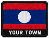 Personalised Laos embroidered flag patch with example YOUR TOWN text