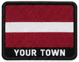 Personalised Latvia embroidered flag patch with example YOUR TOWN text