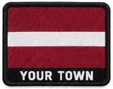 Personalised Latvia embroidered flag patch with example YOUR TOWN text