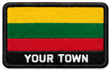Personalised Lithuania embroidered flag patch with example YOUR TOWN text
