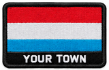 Personalised Luxembourg embroidered flag patch with example YOUR TOWN text