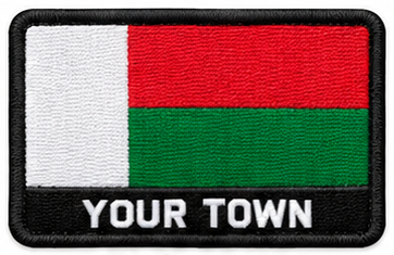 Personalised Madagascar embroidered flag patch with example YOUR TOWN text
