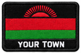 Personalised Malawi embroidered flag patch with example YOUR TOWN text