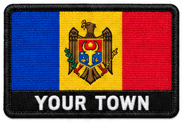 Personalised Moldova embroidered flag patch with example YOUR TOWN text