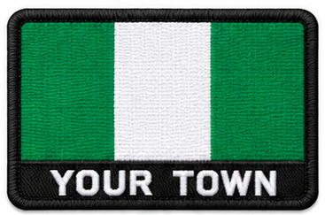 Personalised Nigeria embroidered flag patch with example YOUR TOWN text