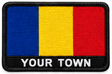 Personalised Romania embroidered flag patch with example YOUR TOWN text