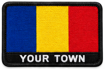 Personalised Romania embroidered flag patch with example YOUR TOWN text