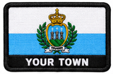 Personalised San Marino embroidered flag patch with example YOUR TOWN text