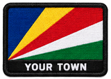 Personalised Seychelles embroidered flag patch with example YOUR TOWN text