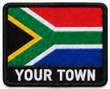Personalised South Africa embroidered flag patch with example YOUR TOWN text
