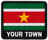 Personalised Suriname embroidered flag patch with example YOUR TOWN text