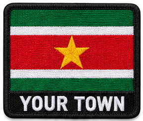 Personalised Suriname embroidered flag patch with example YOUR TOWN text