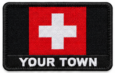 Personalised Switzerland embroidered flag patch with example YOUR TOWN text