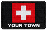 Personalised Switzerland embroidered flag patch with example YOUR TOWN text