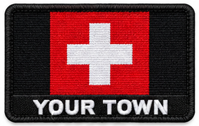 Personalised Switzerland embroidered flag patch with example YOUR TOWN text