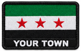 Personalised Syria embroidered flag patch with example YOUR TOWN text