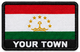 Personalised Tajikistan embroidered flag patch with example YOUR TOWN text