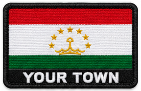 Personalised Tajikistan embroidered flag patch with example YOUR TOWN text