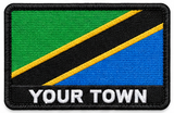 Personalised Tanzania embroidered flag patch with example YOUR TOWN text