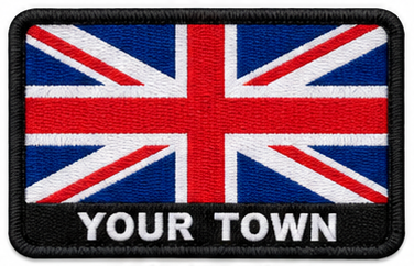 Personalised United Kingdom embroidered flag patch with example YOUR TOWN text