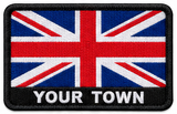 Personalised United Kingdom embroidered flag patch with example YOUR TOWN text