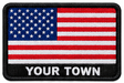 Personalised United States embroidered flag patch with example YOUR TOWN text