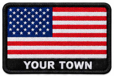 Personalised United States embroidered flag patch with example YOUR TOWN text